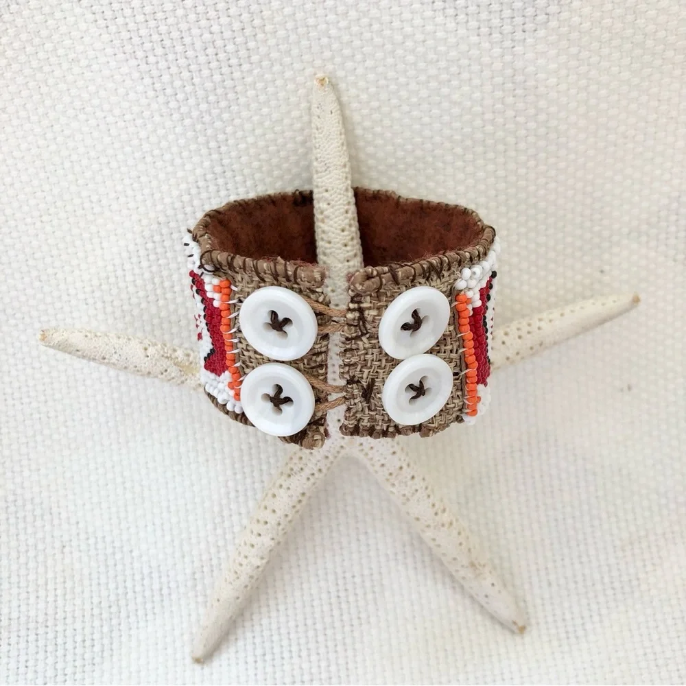 Artisan Hand-beaded Wide Cuff Bracelet butterfly and spiral design boho